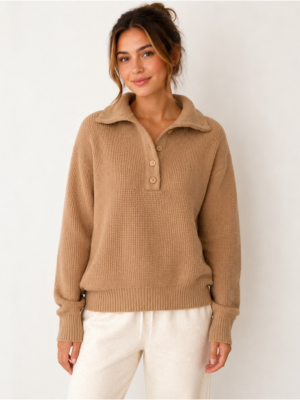 Aerie Oversized Waffle Knit Pullover Sweater | Small | Camel Tan